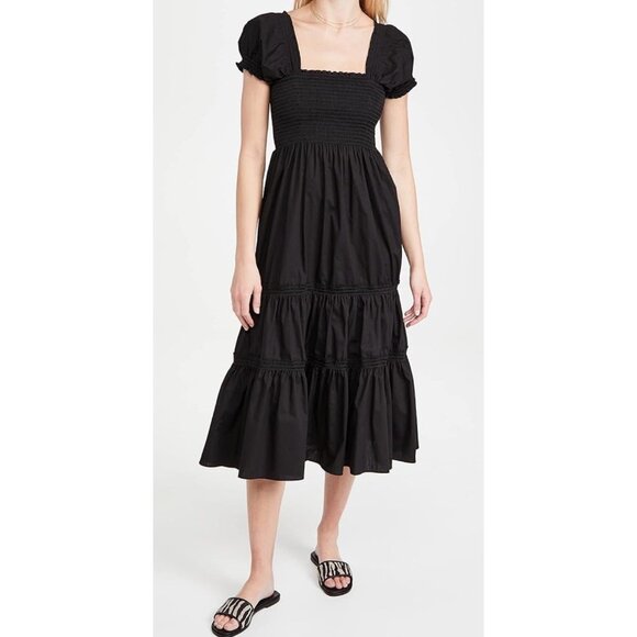 O.P.T Square Neck Black Smocked‎ Maxi Dress Puff Sleeve Sz S - Picture 1 of 7